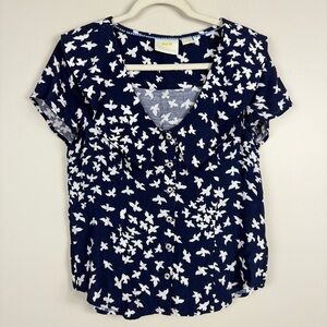 Anthropologie Maeve Austin Top 4 Peter Pan Collar Blue White Bird Short Sleeve